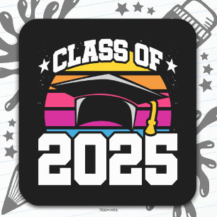 Sticker Carré Senior 2025 Classe de 2025 Graduation Retro Sunset
