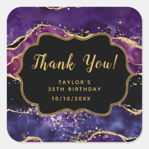 Sticker Carré Séquins d'or violet foncé Agate Anniversaire Merci