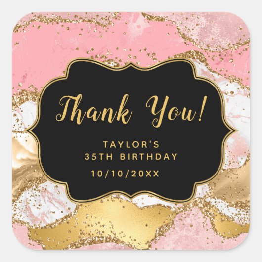Sticker Carré Séquins or et rose Agate Anniversaire Merci (Devant)