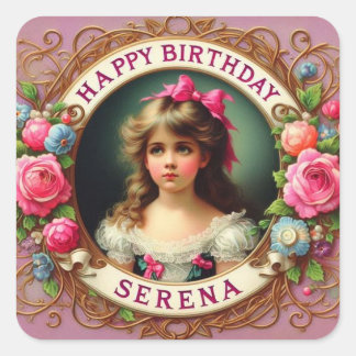 Sticker Carré SERENA ~ JOYEUX ANNIVERSAIRE ~ Vintage fille ~