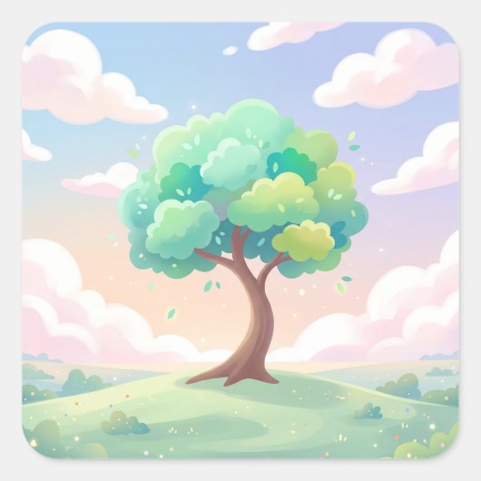 Sticker Carré Serene Green Tree and Pastel Clouds (Devant)