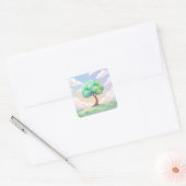 Sticker Carré Serene Green Tree and Pastel Clouds (Enveloppe)