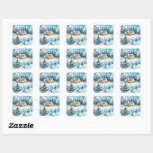 Sticker Carré Serene Log Cabine dans une forêt d'hiver (Feuille)