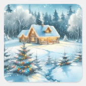 Sticker Carré Serene Log Cabine dans une forêt d'hiver (Devant)