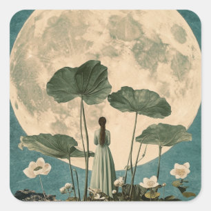Sticker Carré Sérénité Lune - Scène Lotus Vintage