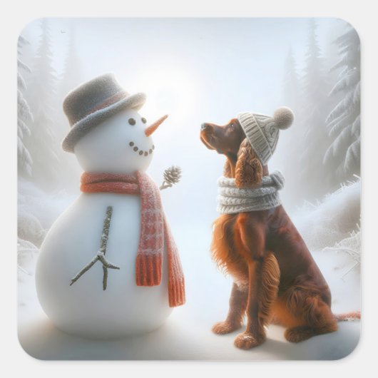 Sticker Carré Setter irlandais de Noël avec Snowman (Devant)