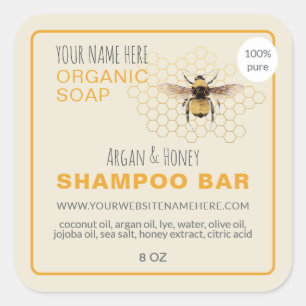 Sticker Carré Shampoing au savon de miel Bar Jaune Antique Blanc
