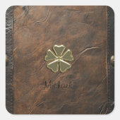 Sticker Carré Shamrock d'or St.Patrick`s Day, Cuir Brown (Devant)