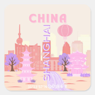 Sticker Carré Shanghai Chine Pastel Voyage Art