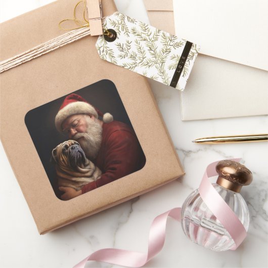 Sticker Carré Shar Pei avec Noël Festif du Père Noël (Cadeaux)