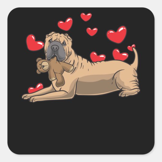 Sticker Carré Shar Pei Chien Avec Animal Stuffé Et Coeurs (Devant)