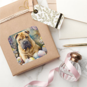 Sticker Carré Shar Pei Chien avec Oeufs de Pâques Vacances