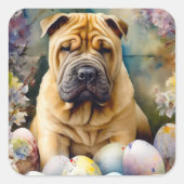 Sticker Carré Shar Pei Chien avec Oeufs de Pâques Vacances (Devant)