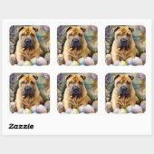 Sticker Carré Shar Pei Chien avec Oeufs de Pâques Vacances (Feuille)