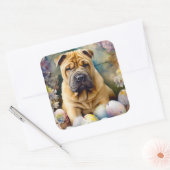 Sticker Carré Shar Pei Chien avec Oeufs de Pâques Vacances (Enveloppe)