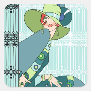 Sticker Carré Shelby, Madame des années 1920 en Aqua et Teal
