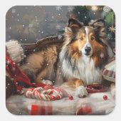 Sticker Carré Shetland Sheepdog Festif de Noël (Devant)