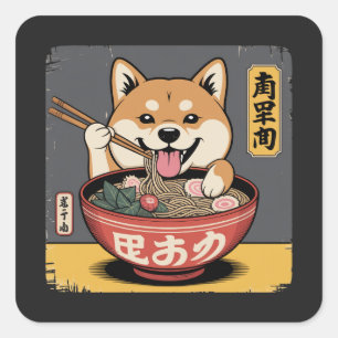 Sticker Carré Shiba Inu Chien Mangeant Ramen