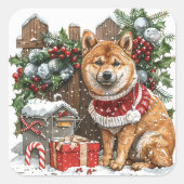 Sticker Carré Shiba Inu en pull par boîte aux lettres recouverte (Devant)