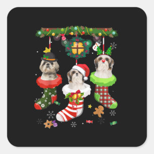 Sticker Carré Shih Tzu En Chaussettes Noël Noël Noël Chapeau Noë