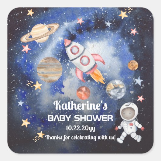 Sticker Carré Shower Baby Boy Rocket Planets (Devant)