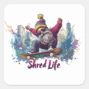 Sticker Carré Shred Life - Cool Skateboard Gnome