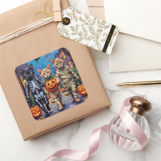 Sticker Carré Siamese Cats Trick-or-Treating Halloween Costumes (Cadeaux)