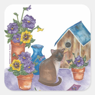 Sticker Carré Siamese Chat Birdhouse Pansies Aquarelle "Anthony"
