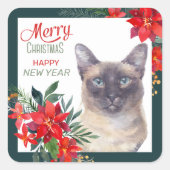 Sticker Carré Siamese Chat Poinsettia frontière Noël (Devant)
