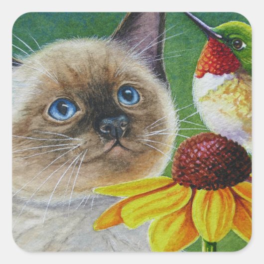 Sticker Carré Siamese Kitten & Hummingbird (Devant)