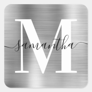Sticker Carré Signature élégante Monogramme moderne Silver Foil