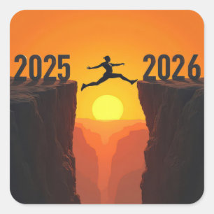 Sticker Carré Silhouette du Nouvel An 2027 sautant une falaise