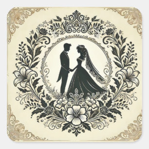 Sticker Carré Silhouette Élégante d'un Couple de Mariés
