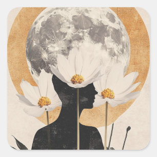 Sticker Carré Silhouette Lune - Boho Élégance Vintage