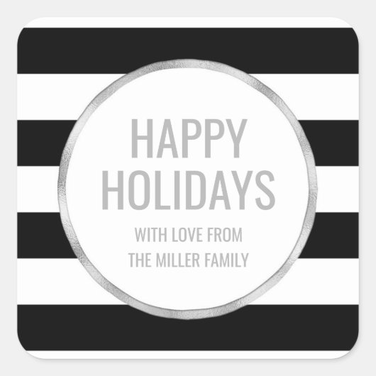Sticker Carré Silver Black Stripes Happy Holidays Custom (Devant)