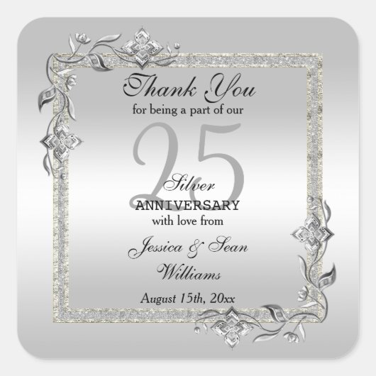 Sticker Carré Silver Gem & Glitter 25th Wedding Anniversary (Devant)