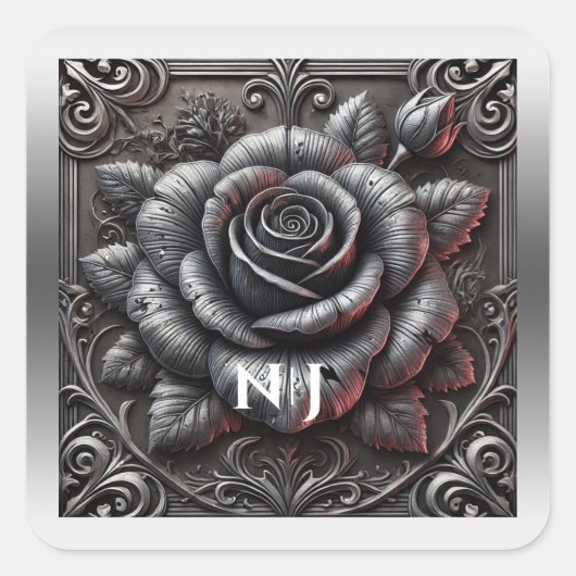 Sticker Carré Silver Grey & Black Rose Élégant Mariage gothique (Devant)
