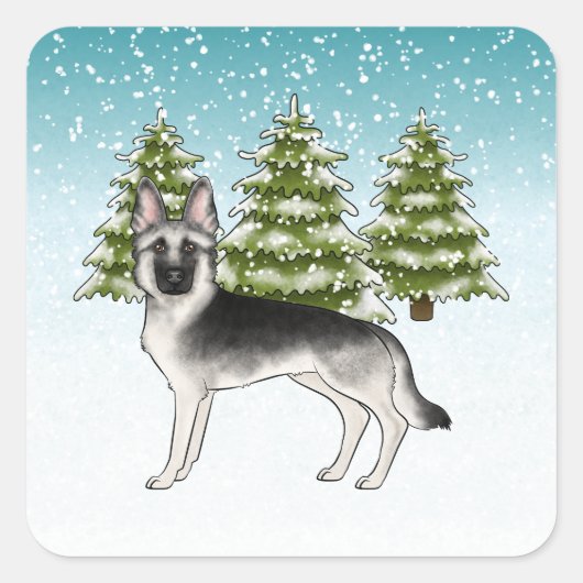 Sticker Carré Silver Sable Allemand Berger Blue Winter Forest (Devant)