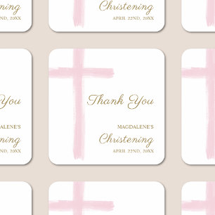 Sticker Carré Simple croix rose Merci baptême