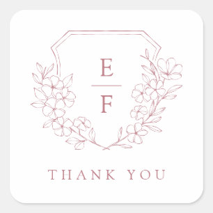 Sticker Carré Simple Élégant Cerisier Rose Blossom Monogram Cres