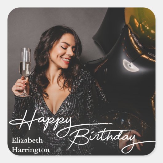 Sticker Carré Simple Elegant Happy Birthday Photo (Devant)