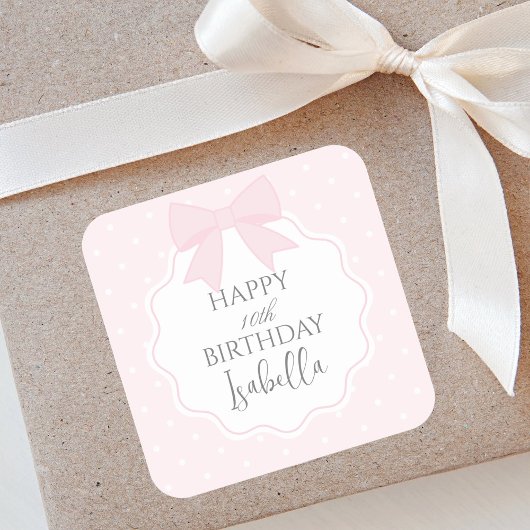 Sticker Carré Simple élégante Soft Pastel Rose Bow Joyeux annive