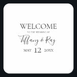 Sticker Carré simple et élégant pour mariage<br><div class="desc">Cet autocollant simple et élégant carré d'accueil de mariage est parfait pour votre mariage moderne minimaliste noir et blanc. Le design comporte une police contemporaine minimale accompagnée d'une calligraphie formelle. Gardez-le tel quel,  ou choisissez de le personnaliser avec vos propres oeuvres d'art ou photos !</div>