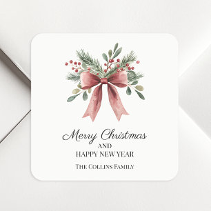 Sticker Carré Simple Nœud de Ruban Rouge Aquarelle Noël de Holly