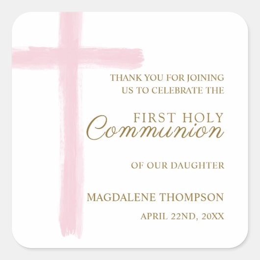 Sticker Carré Simple Pink Cross First Holy Communion Thank You (Devant)