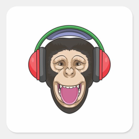 Sticker Carré Singe dans la musique avec casque (Devant)
