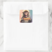 Sticker Carré Singe mignon Avec Hotdog (Sac)