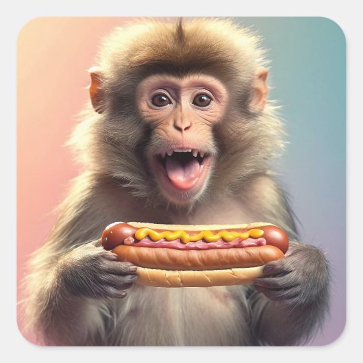 Sticker Carré Singe mignon Avec Hotdog (Devant)