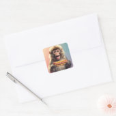 Sticker Carré Singe mignon Avec Hotdog (Enveloppe)