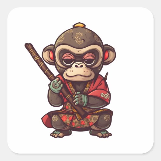 Sticker Carré Singe mignon Samurai Attrape les yeux Adorable Sin (Devant)